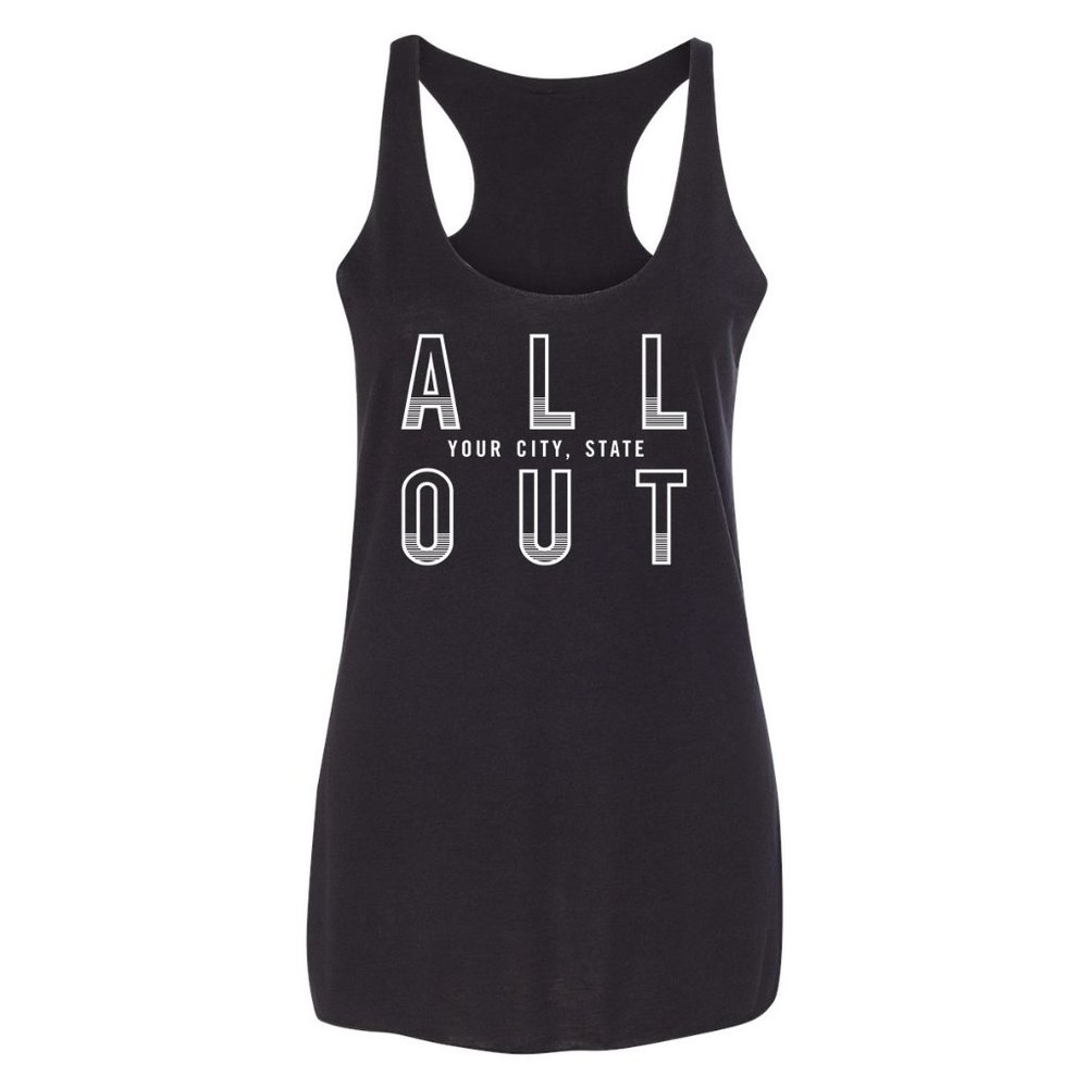 Ladies OrangeTheory Bella Canvas Triblend Racerback ALL OUT with city and state